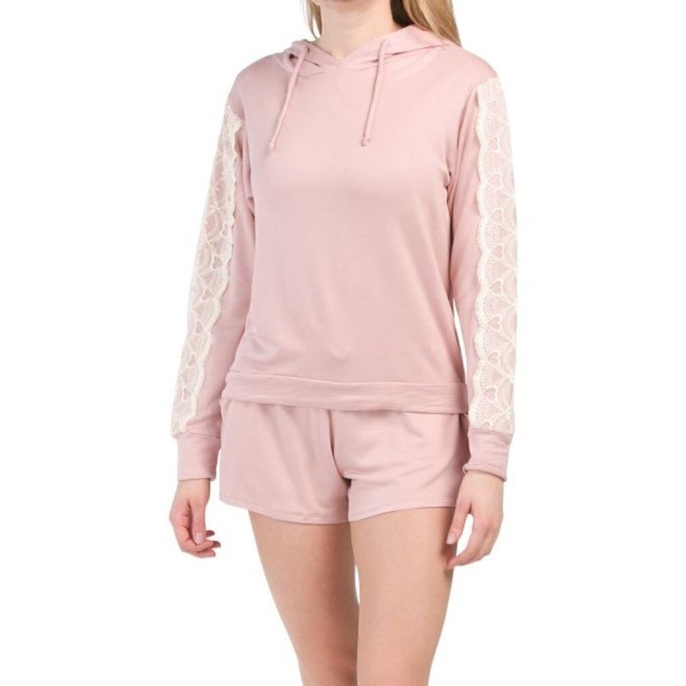 Soft Cozy Comfy Pretty Hoodie Shorts Set Loungewear Lace Trim Pink Women Size L